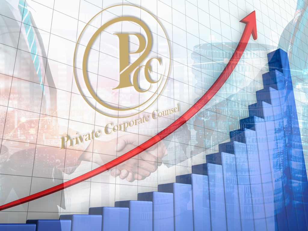 Overlayed images of an upward-pointing graph, coins, two businessmen shaking hands and the PCC logo